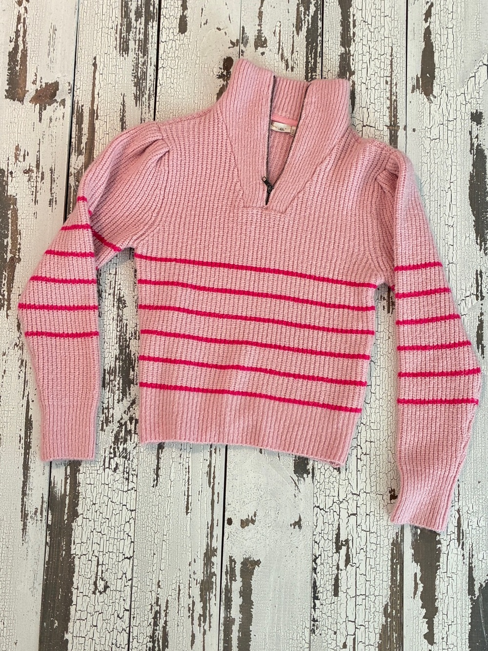 RD Style Anthropologie Mabel Mossy Pink Striped Quarter Zip Sweater Small